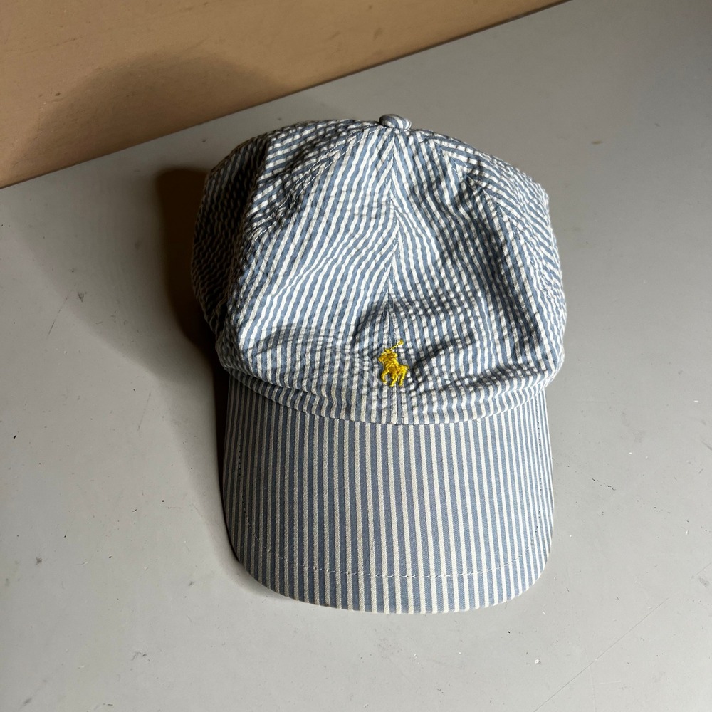Polo Ralph Lauren Seersucker Baseball Cap Blue White Stripe Yellow Pony Hat